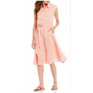 Joules Alisandra Pink peach linen blend Sleeveless Button down Dress belt US 8